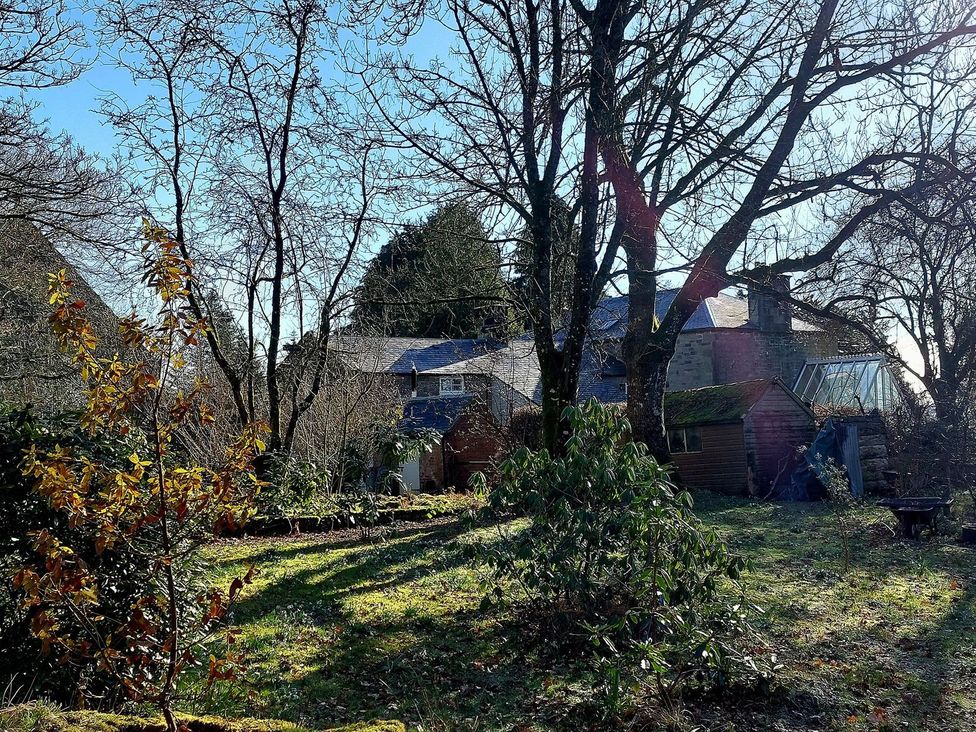 An outdoor view of trees and a greenhouse at The Coach House- Canonbie near Langholm