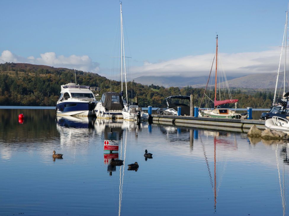 A marina with several boats and ducks at 5 Waterside Wood Troutbeck Bridge