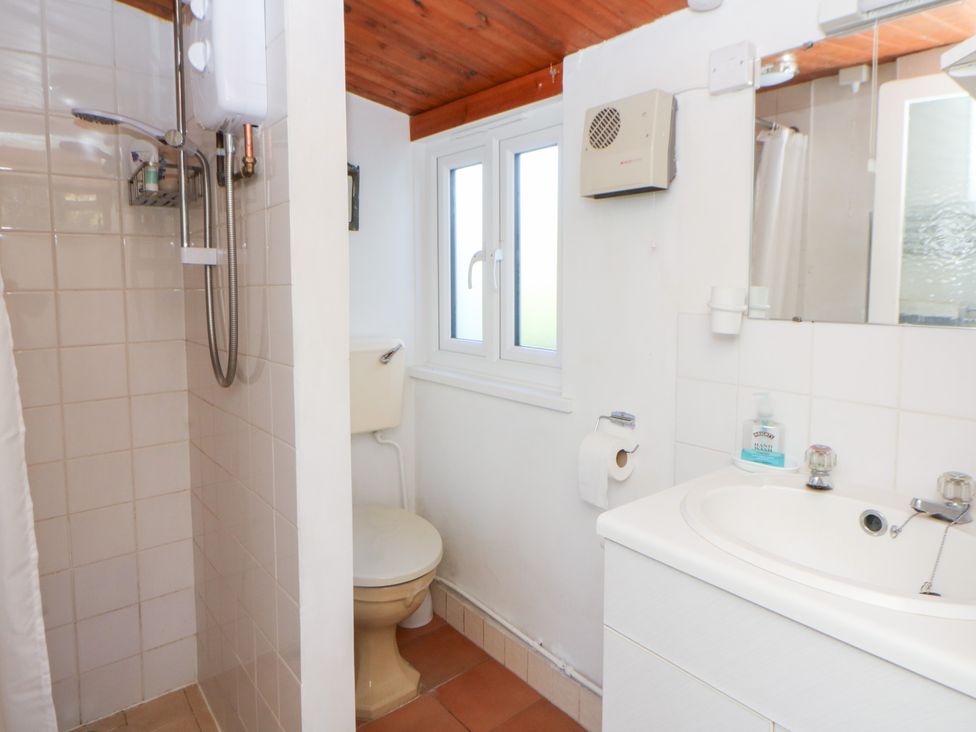A bathroom with a shower, toilet, and sink at Bryncyn in Newport, Pembrokeshire