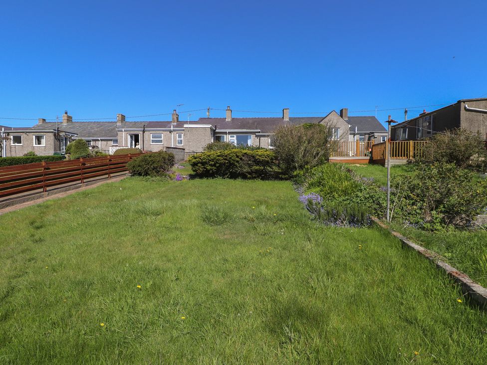 A garden with grass and bushes at Mona View in Amlwch
