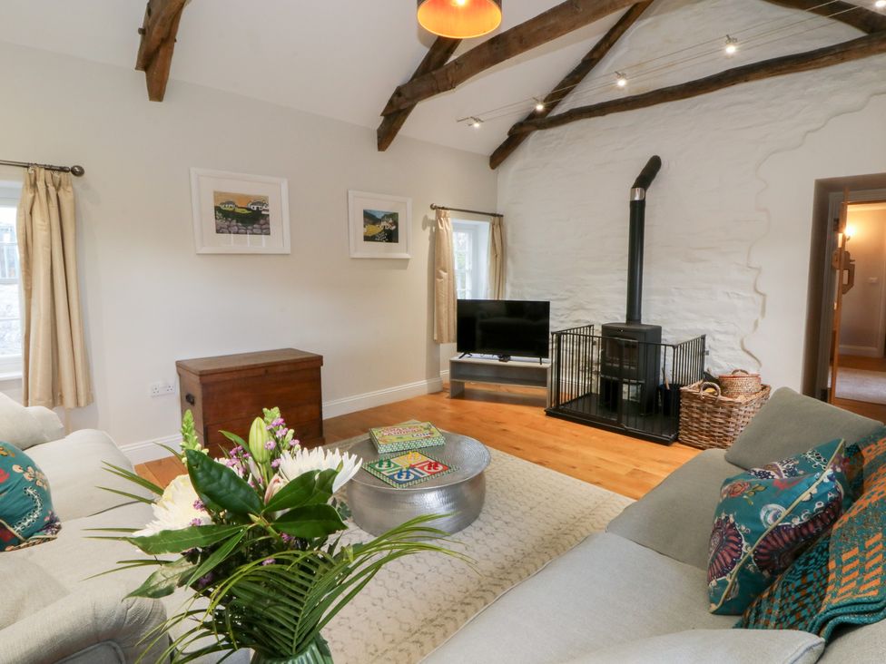 A living room with a television and a fireplace at Secret Garden Cottage in Ciliau Aeron near Aberaeron