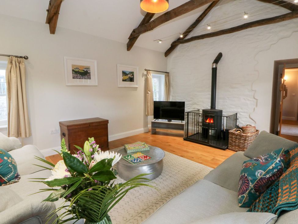 A living room with a television and wood stove at Secret Garden Cottage in Ciliau Aeron near Aberaeron
