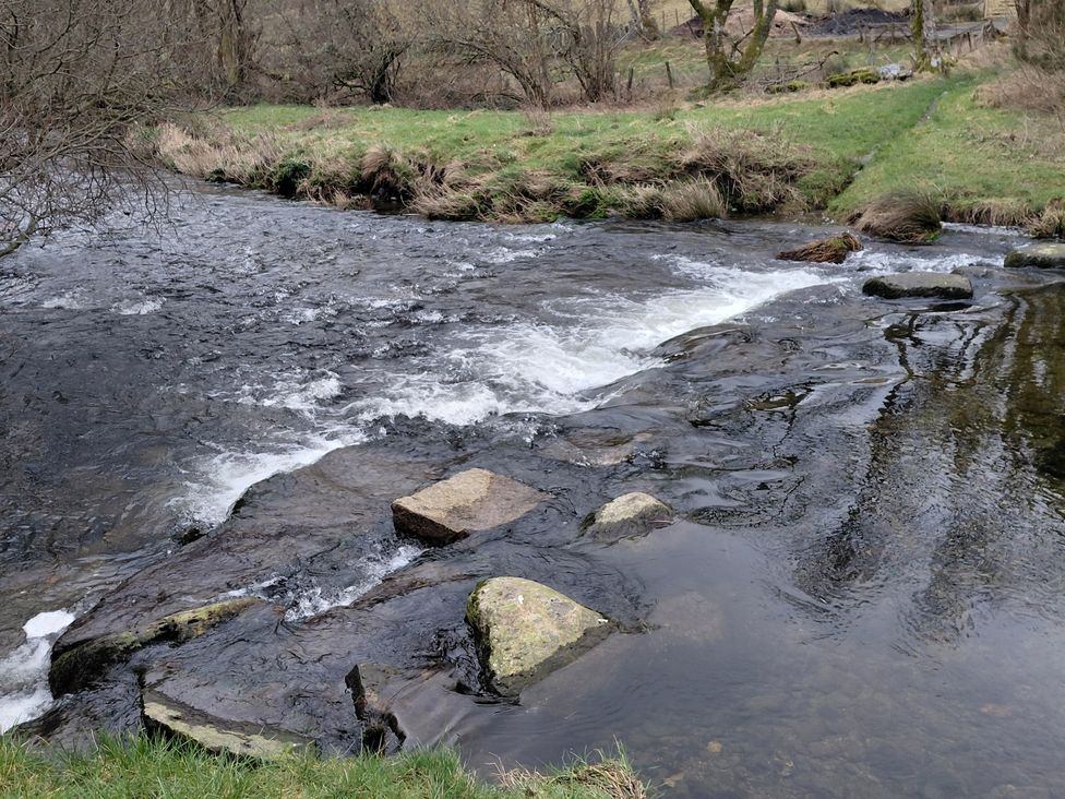 A stream with rocks and grass at Noddfa in Penmachno
