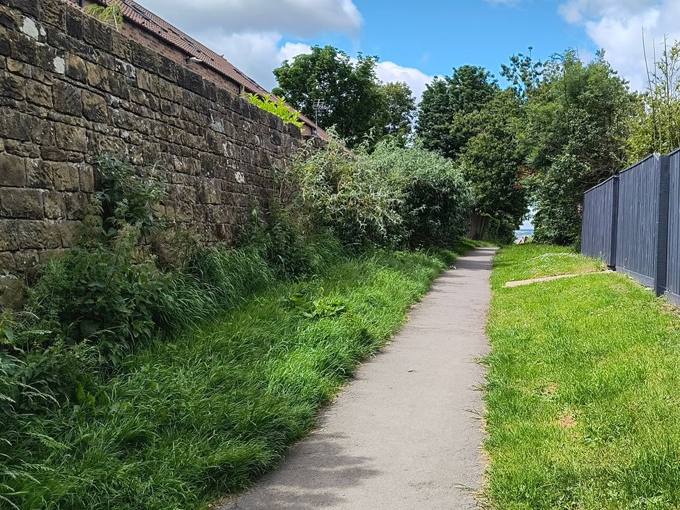 A path along a stone wall with grass and bushes at Cliffe Cottage Brotton, North Yorkshire