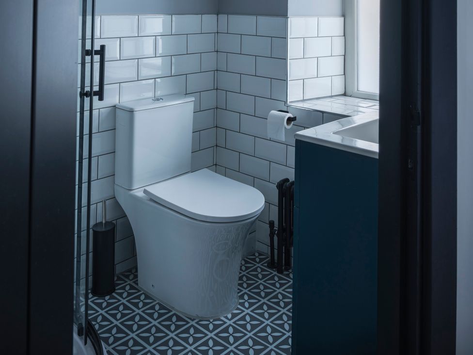 A bathroom with a toilet, sink and shower at Green Bank in Betws-Y-Coed