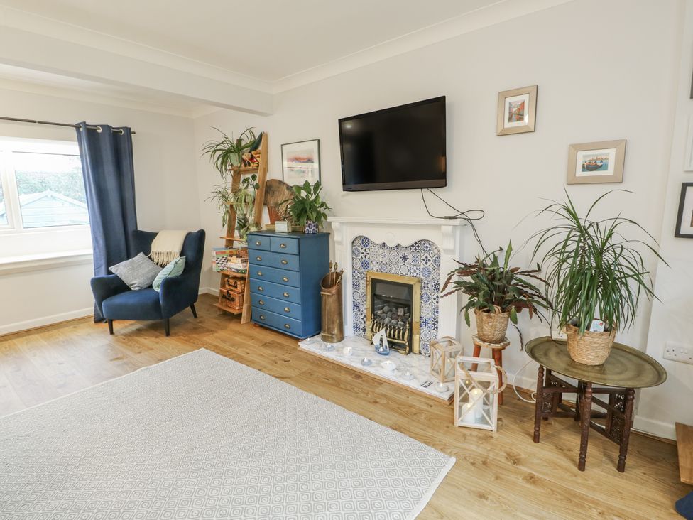 A living room with a sofa, television, fireplace and plants at 16 Ffordd Meigan Beaumaris