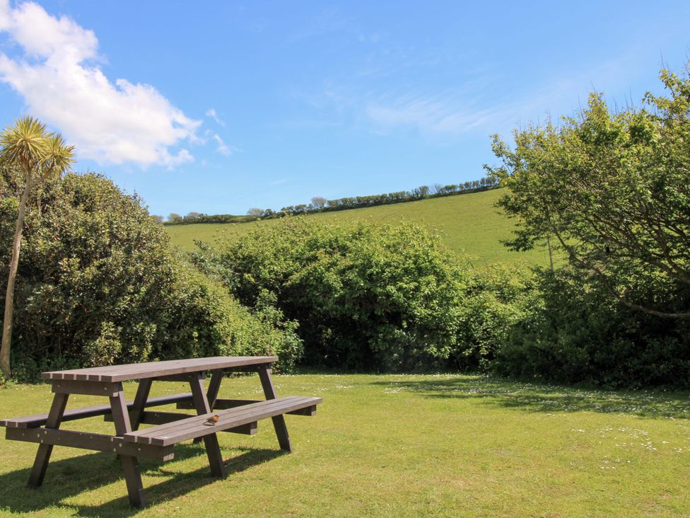 A picnic table with grass and bushes at 3 Brook Cottages in Hope Cove