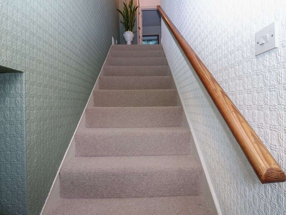 A staircase with carpeted steps and a handrail at Daleholme in Mickleton, Teesdale
