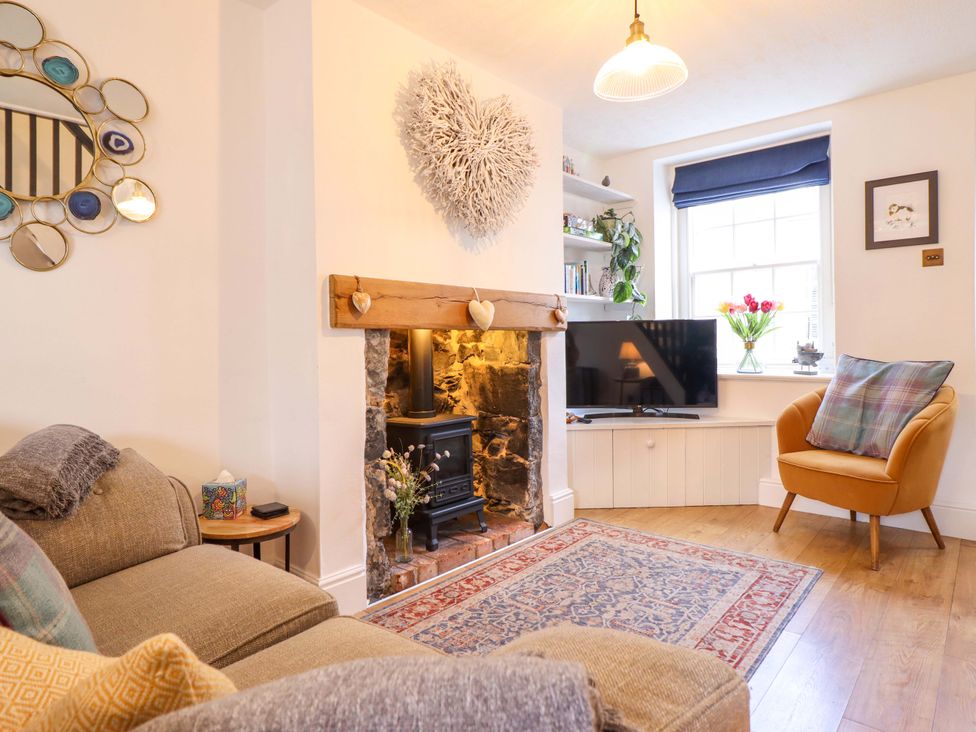 A living room with a television and fireplace at Periwinkle Cottage in Conwy