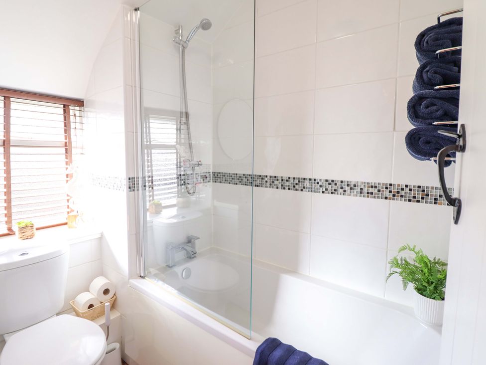 A bathroom with a shower and toilet at Periwinkle Cottage Conwy