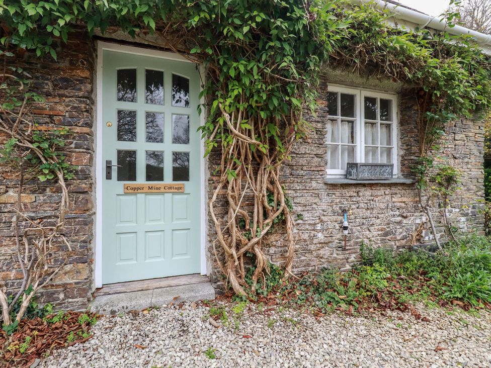 An exterior view with a door and window at Copper Mine Cottage in Bodmin