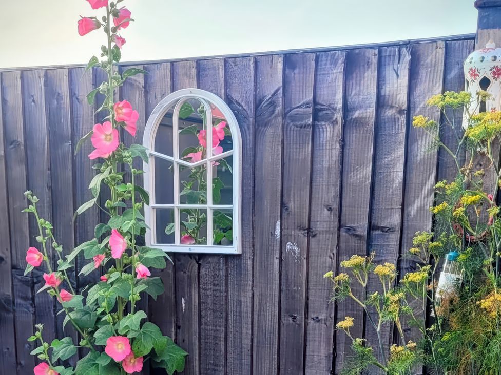 A garden with a flower next to a window on a wooden fence at Quackers in Heacham