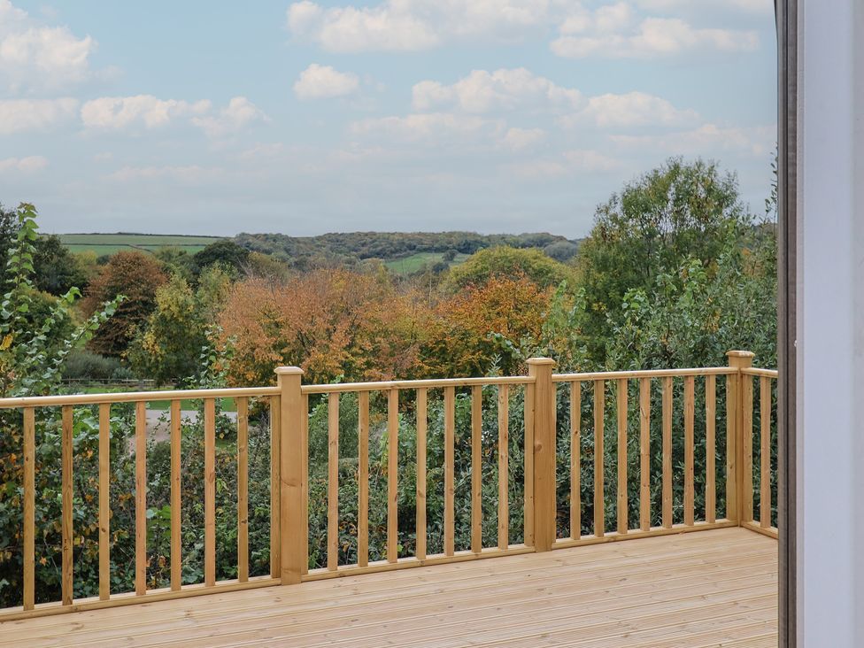 A view of a deck with wooden railing and surrounding trees at caravan NEW Uplyme