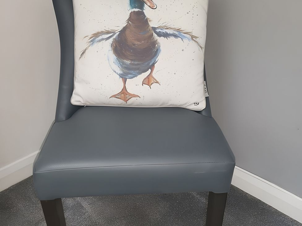 A chair with a cushion featuring a duck design