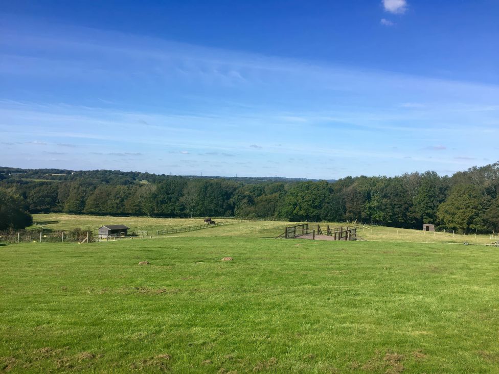 A landscape with a horse in the field and stable in view at 