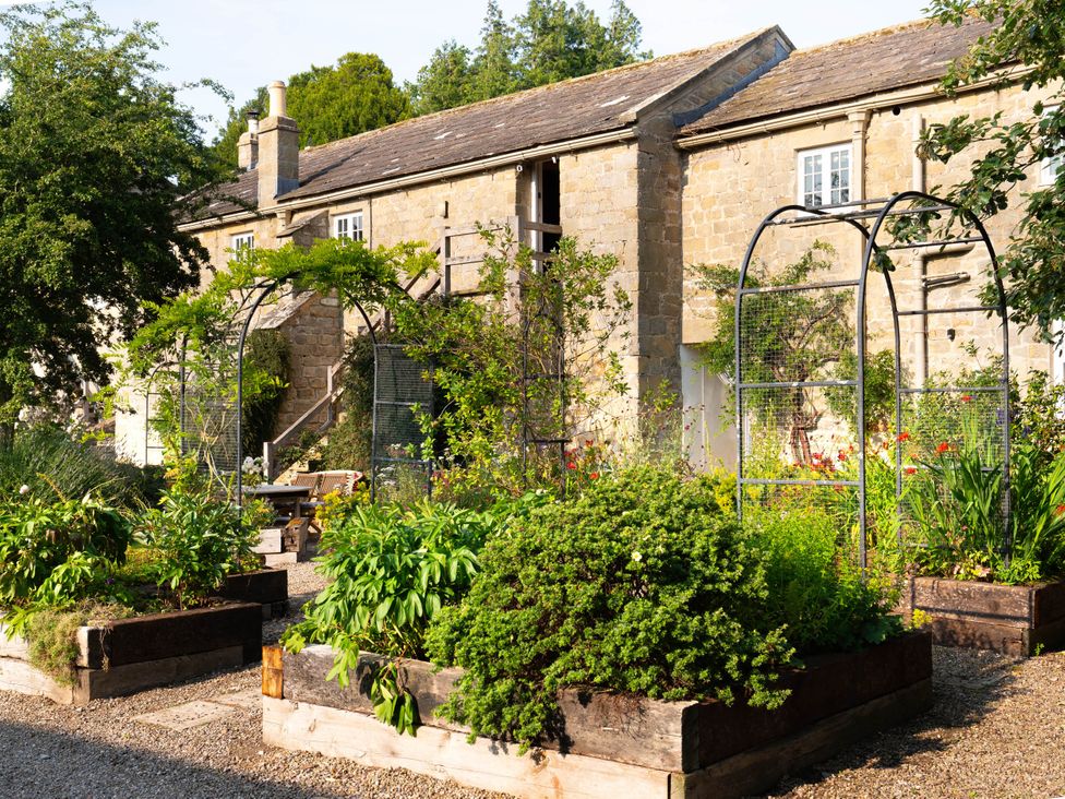 A garden with plant beds and an archway at the property in 