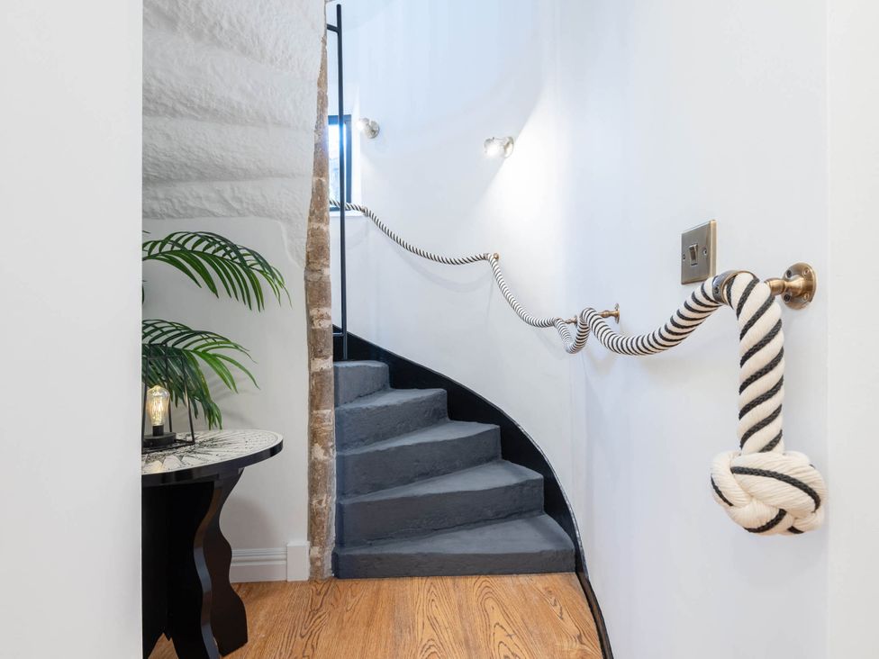 A staircase with rope handrail and plant at a property