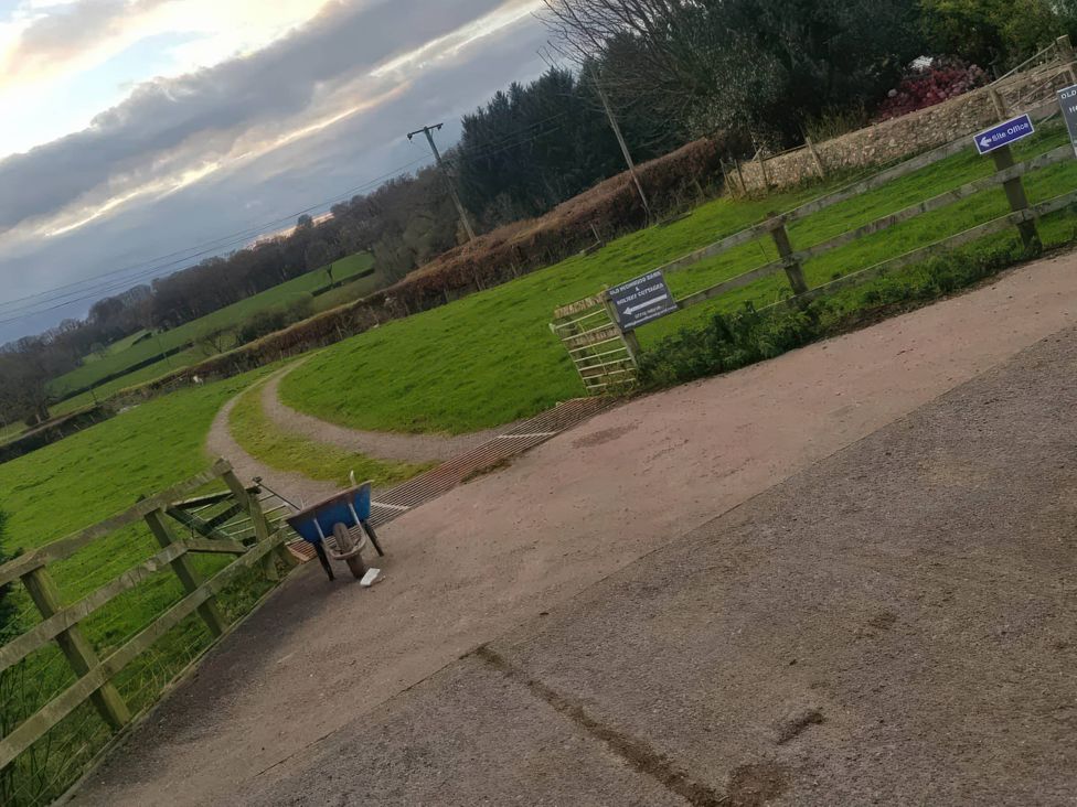 A field with a path and a wheelbarrow at a farm