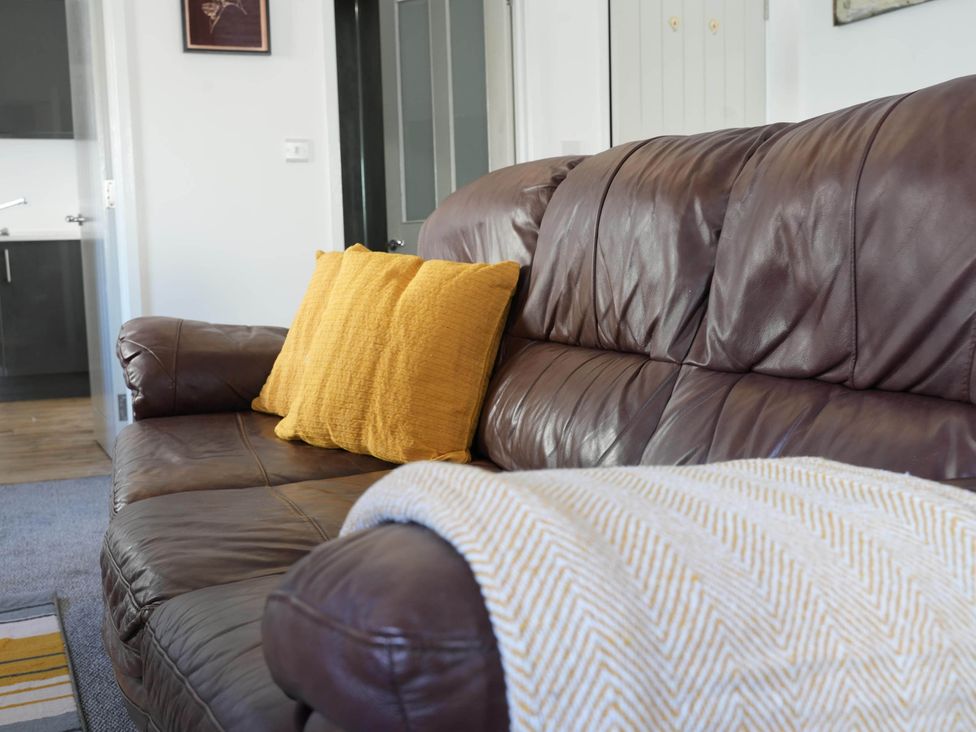 A sofa with cushions and a throw blanket in a living room