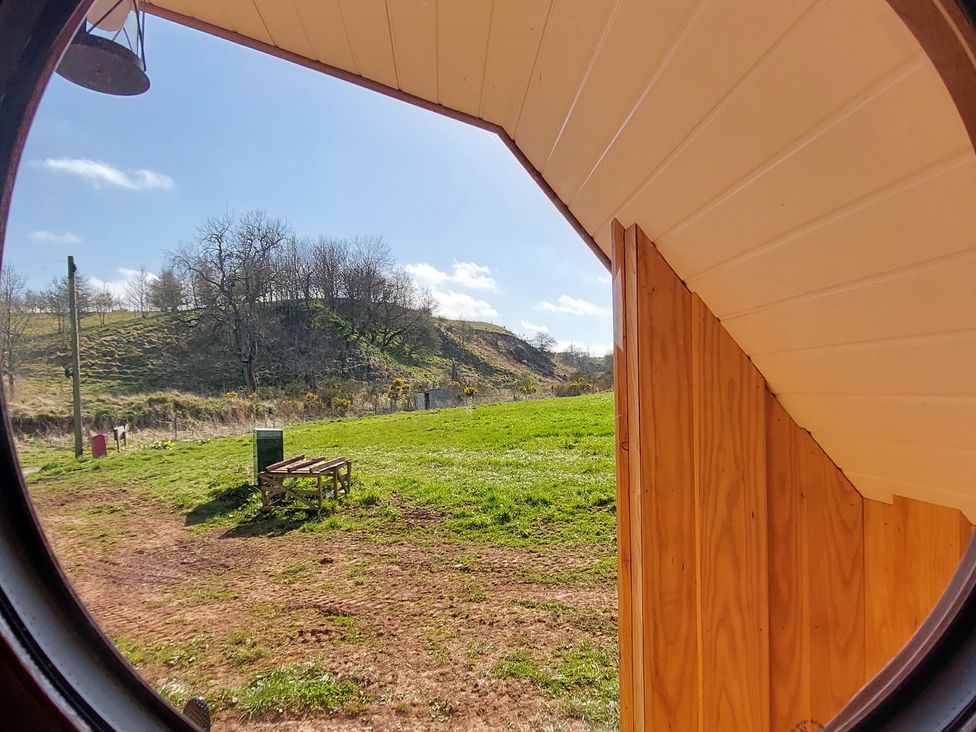 A view of a grassy landscape with hills and trees from a window