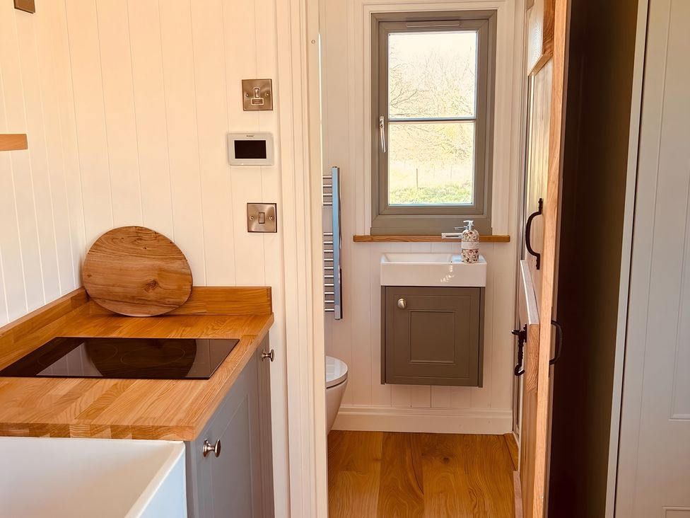 A kitchen with an induction hob and wash basin at Y Nyth 