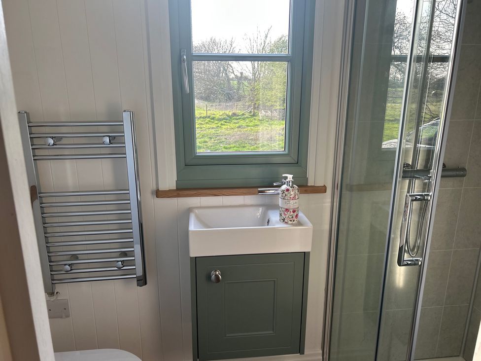 A bathroom with a sink and shower at Y Nyth in 