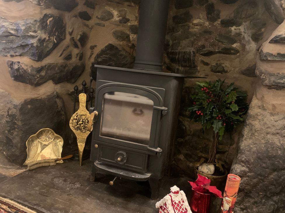 A wood stove with decorative tray and plant in a living room at Bwthyn Nain
