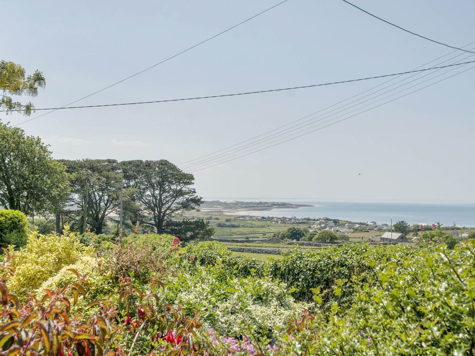 A view of the sea and landscape with plants and trees at Bwthyn Nain Harlech