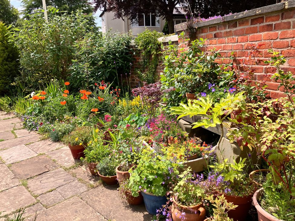 A garden with flower pots and plants along a stone path at Flat 2A