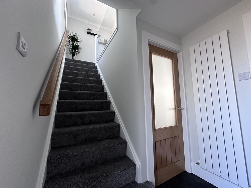 A stairway leading to an upper floor with a plant and door at 22 Fraser Avenue