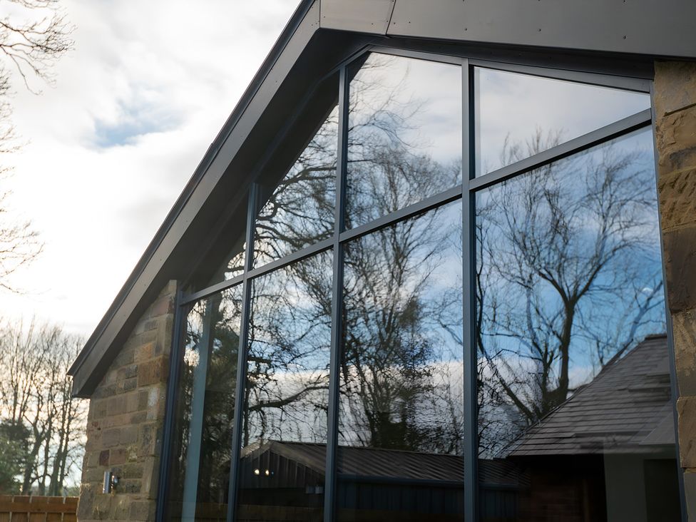 A close-up view of a modern window reflecting trees at The Shearling in Morpeth