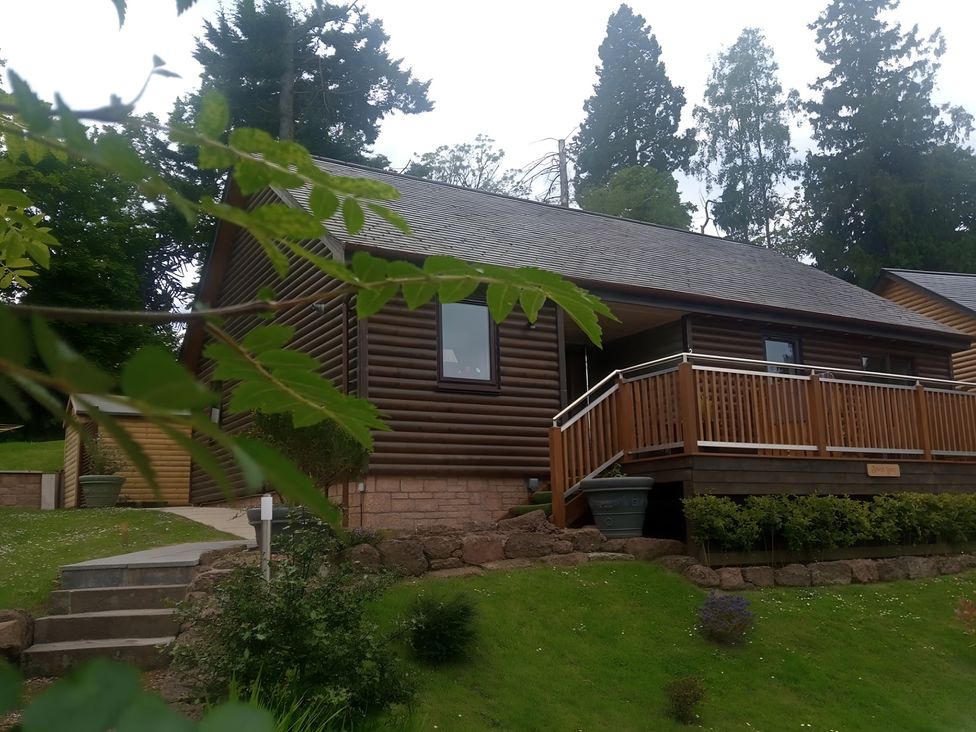 A cabin with deck and landscaped garden at Gowrie Lodge in Blairgowrie