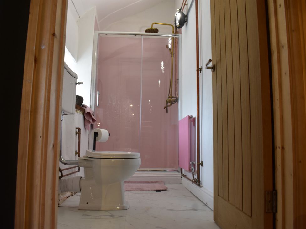 A bathroom with a toilet and a shower at Ty Llaeth in Carmarthen