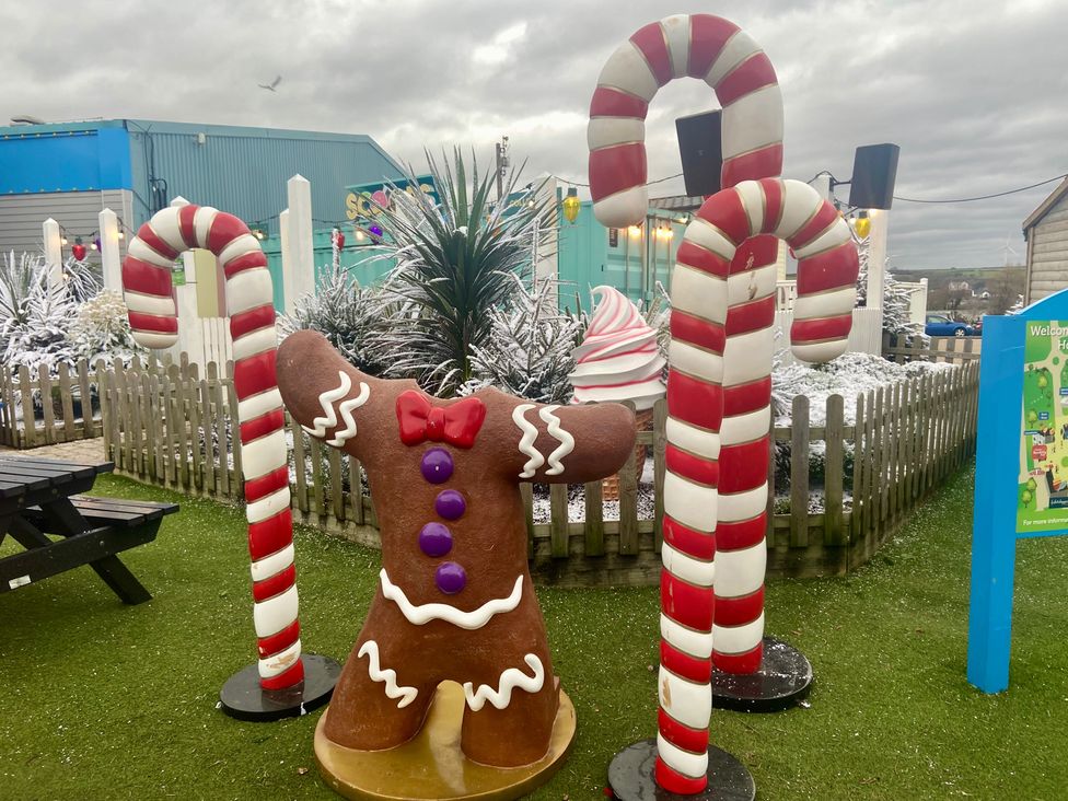A gingerbread man and candy canes in a garden area at Elms 32 in Porthcawl