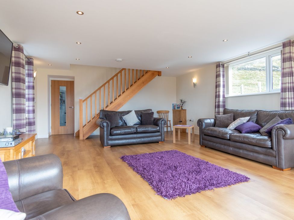 A living room with sofas and a rug at Groeslon Uchaf in Caernarfon