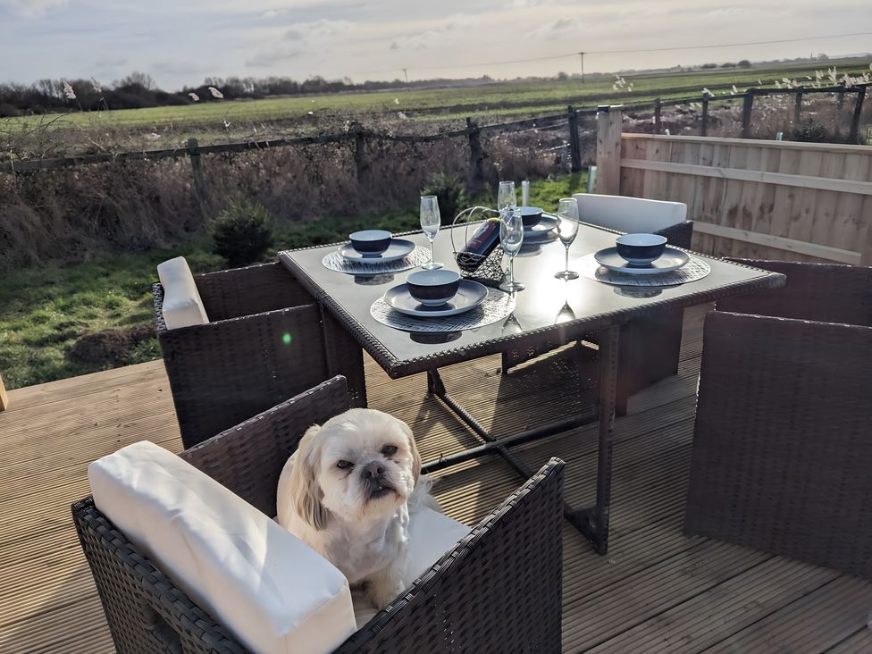 An outdoor dining area with a table set and a dog at Lighthouse Lodge in Mablethorpe