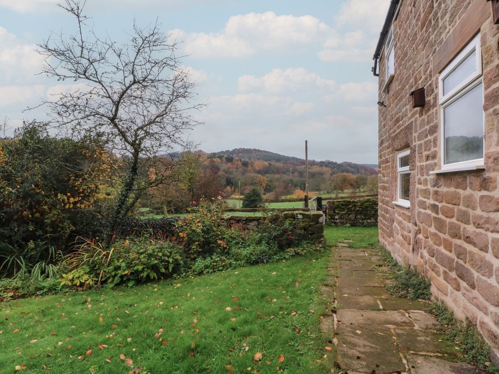 A garden with a stone pathway and trees at Meadow View Cottage in Matlock