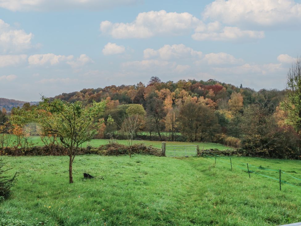A landscape with trees and a fence at Meadow View Cottage in Matlock