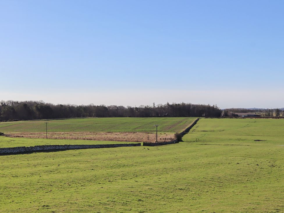 A field with power lines and a stone wall at 2 Sunny Brae in Embleton