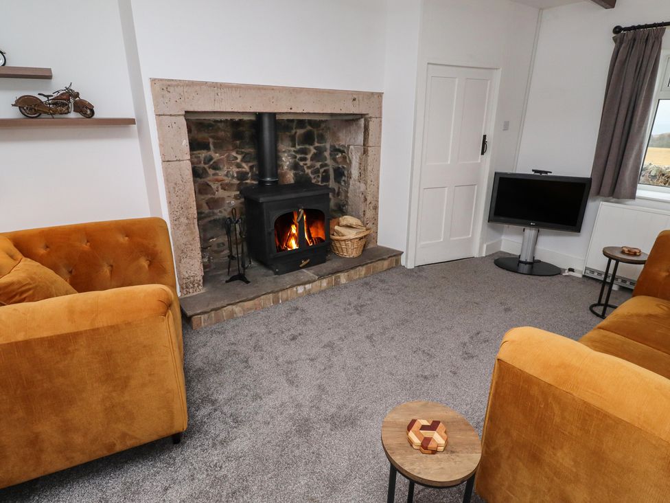 A living room with a fireplace and sofas at 1 Sunnybrae Alnwick
