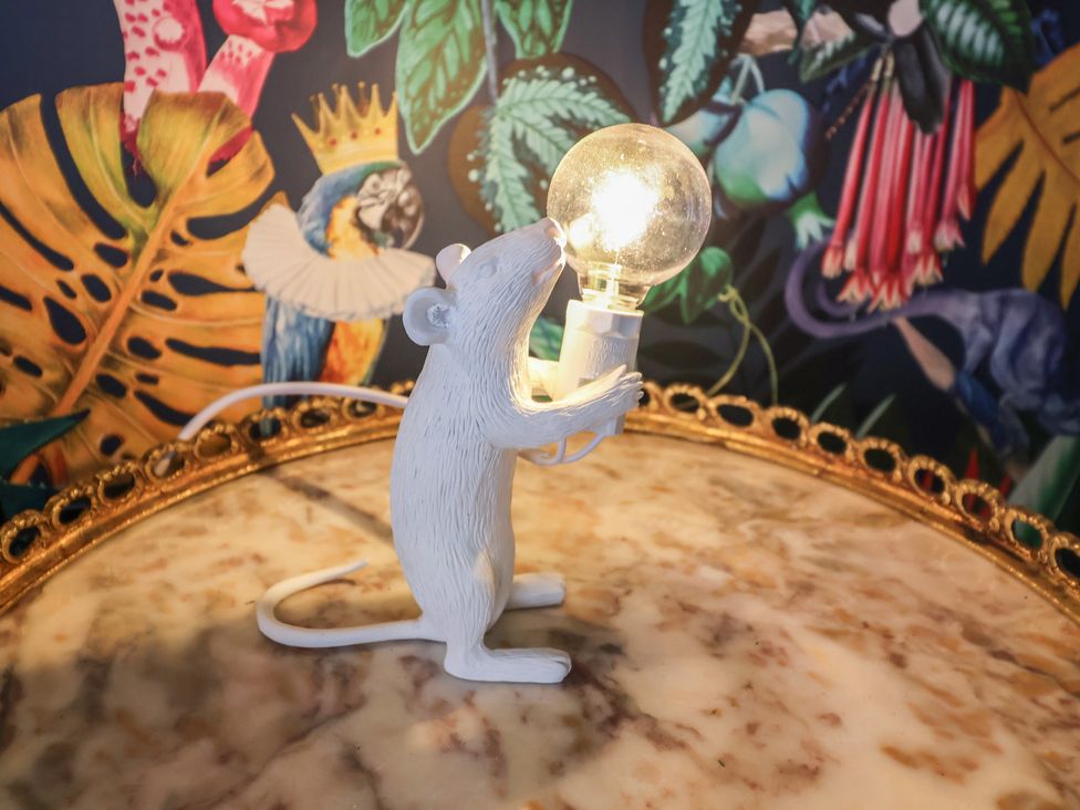 A lamp shaped like a mouse holding a light bulb at Unit 2 in Ipswich