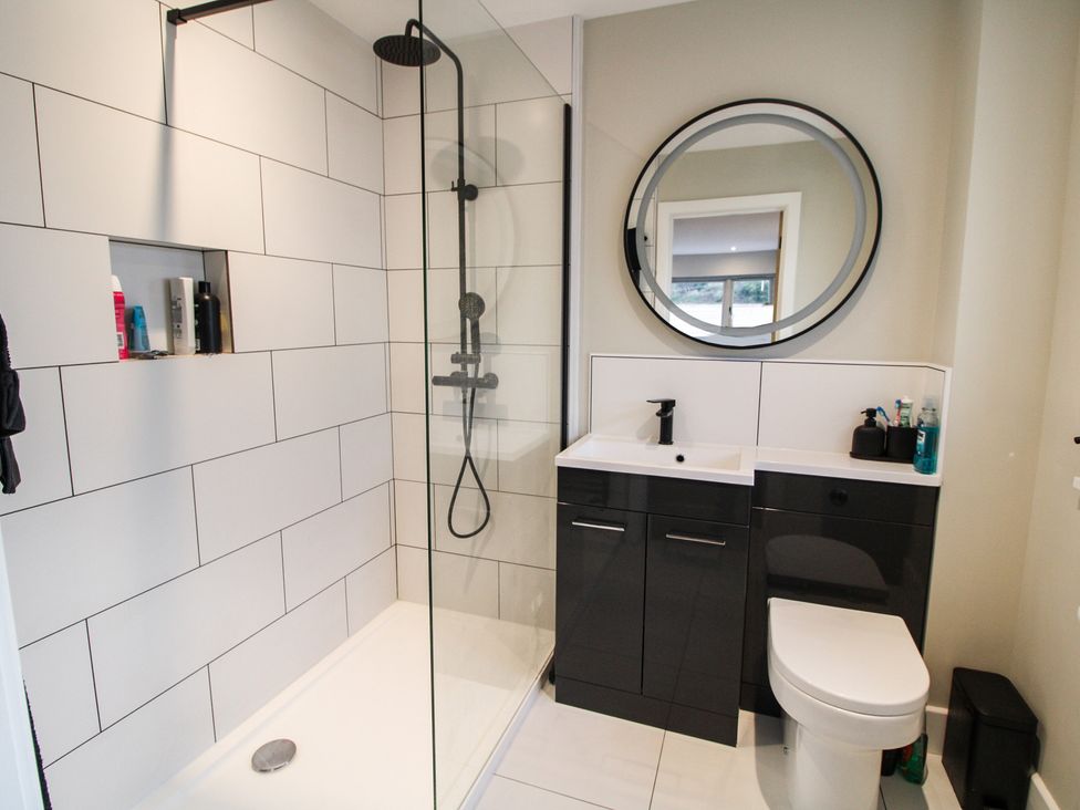 A bathroom with a shower, sink and toilet at Cefn Coed in Presteigne