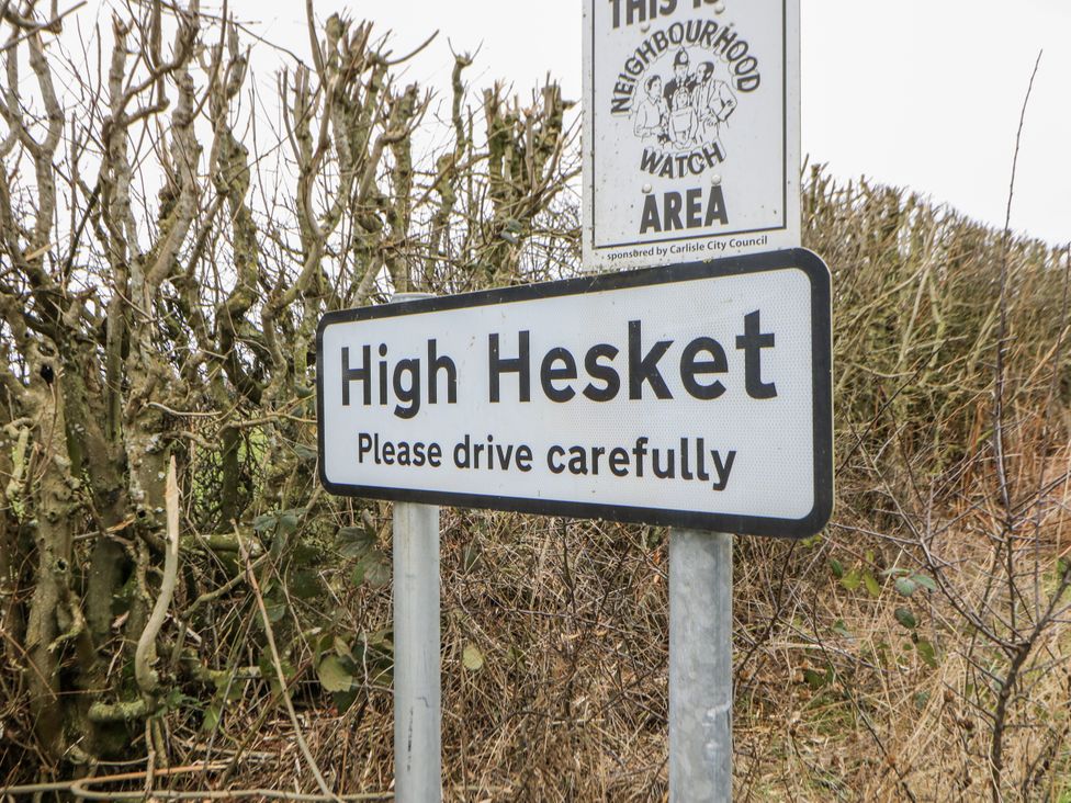 A sign indicating High Hesket and caution to drive carefully at Plot 42 Carlisle