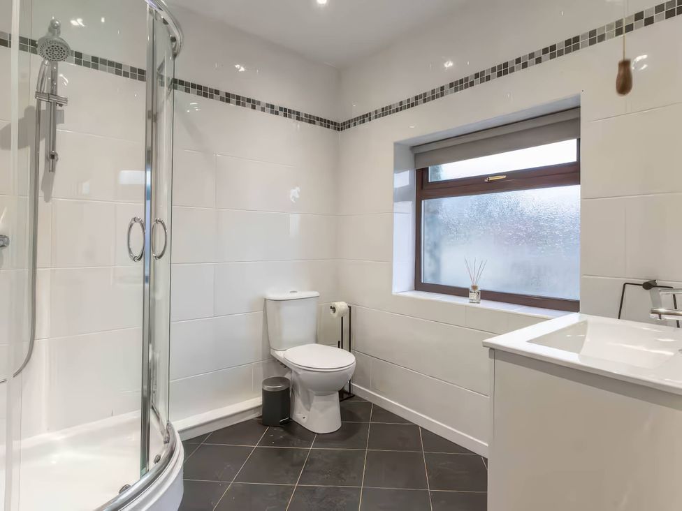A bathroom with a shower, toilet, and sink at Black Bird Cottage Llangaffo