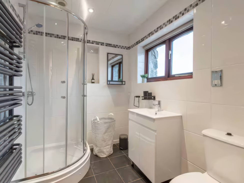 A bathroom with a shower, sink and toilet at Black Bird Cottage in Llangaffo