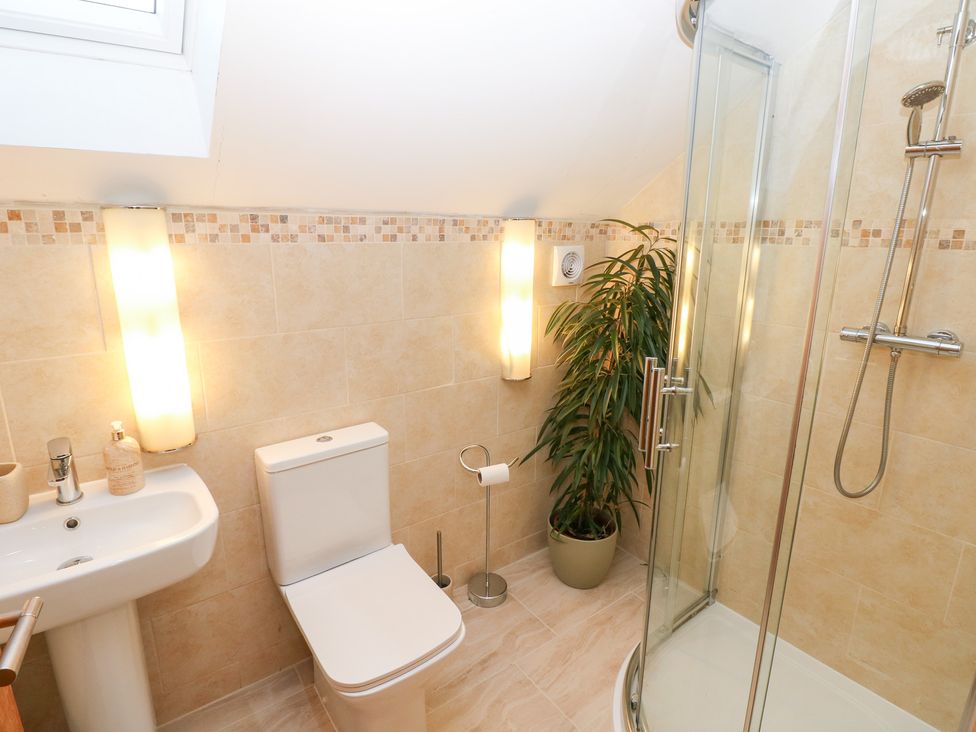 A bathroom featuring a toilet, sink, shower and a plant at Ty-Gan Dderwen in Llanelli