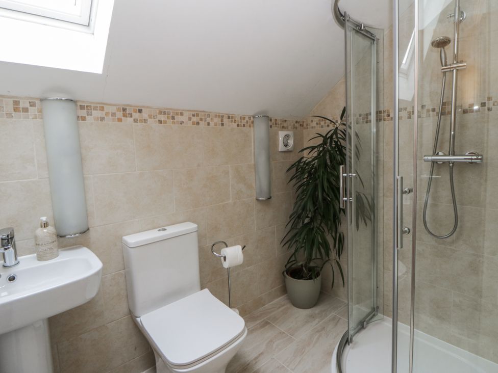 A bathroom with a shower, toilet, and sink at Ty-Gan Dderwen in Llangennech