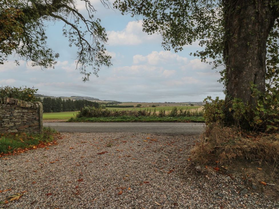 A view of a field and road through trees at Bankhead Of Lour Cottage Forfar