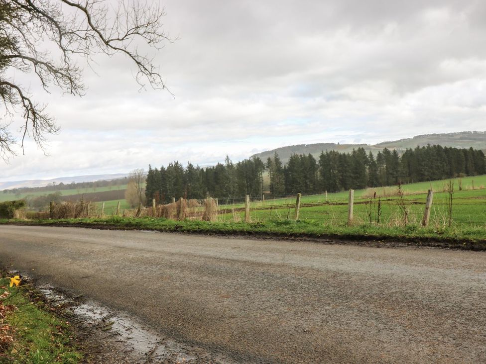 Landscape with a road, fence, and trees at Bankhead Of Lour Bungalow