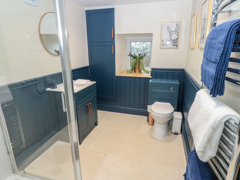 A bathroom with a shower, toilet, and sink at Broadwath Old House in Heads Nook